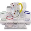 Set Caraffa (1,5L) e 6 Bicchieri (300ml) Murano – Vetro Trasparente con Murrine e Bordi Colorati